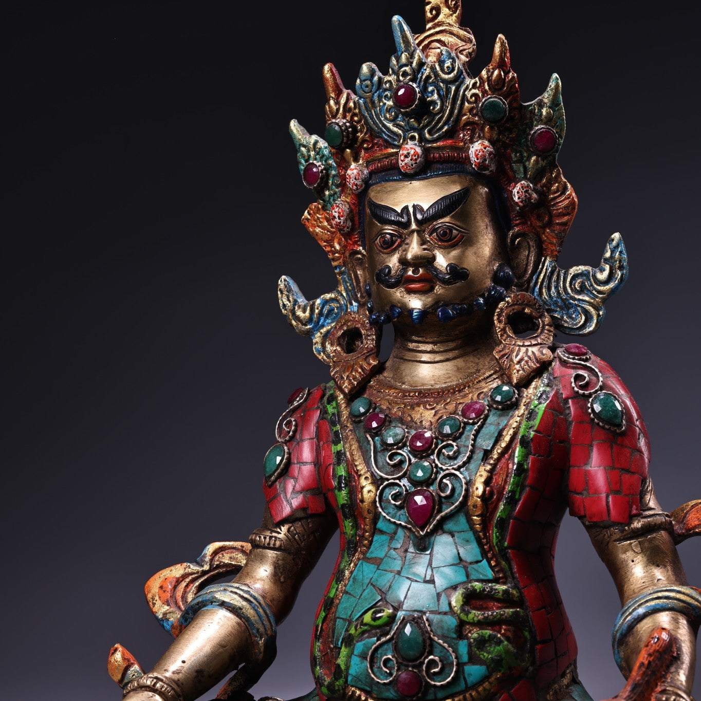 A1036 Tibetan Buddhism Gilt Gold Copper Inlay Turquoise & Gems Yellow Jambhala Statue