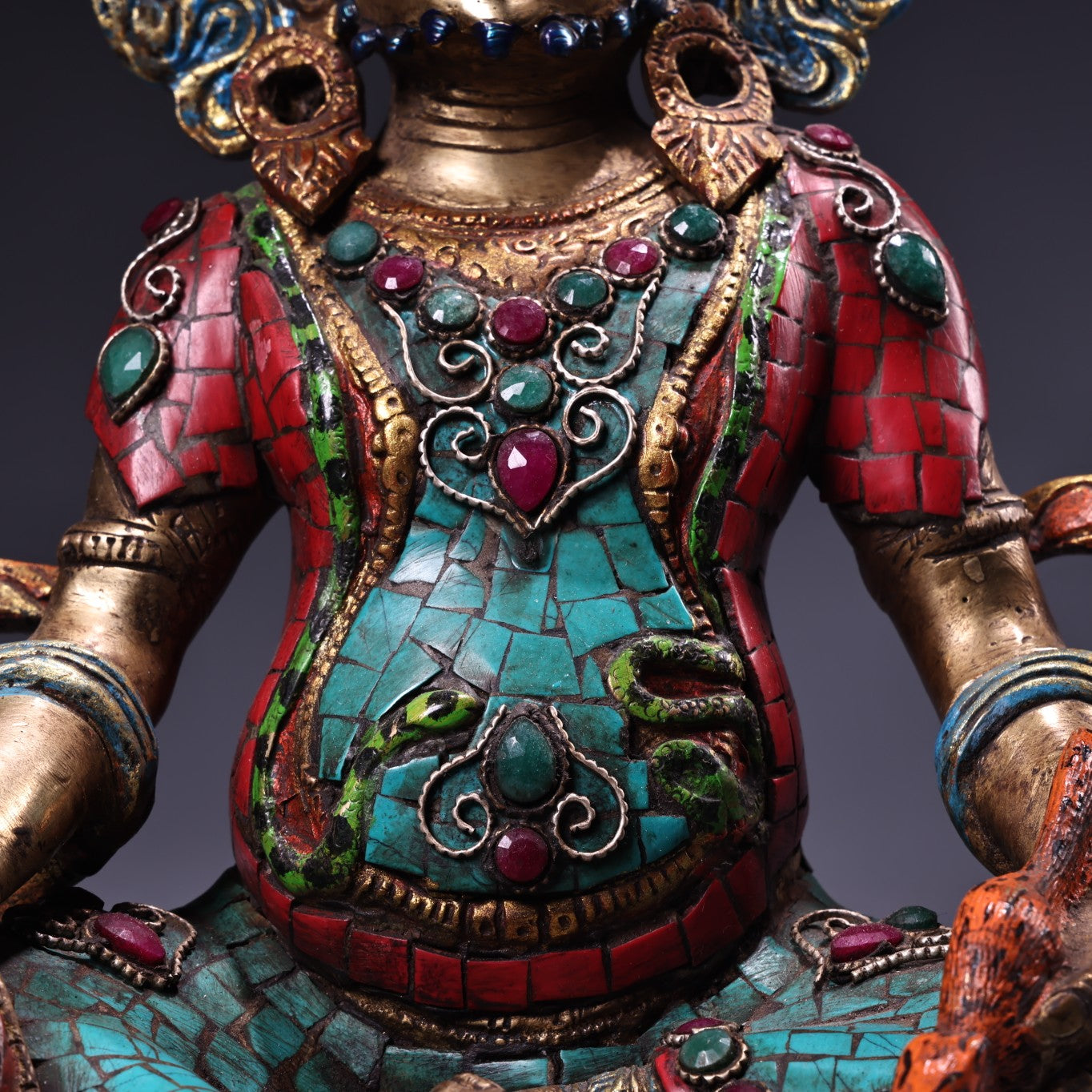 A1036 Tibetan Buddhism Gilt Gold Copper Inlay Turquoise & Gems Yellow Jambhala Statue