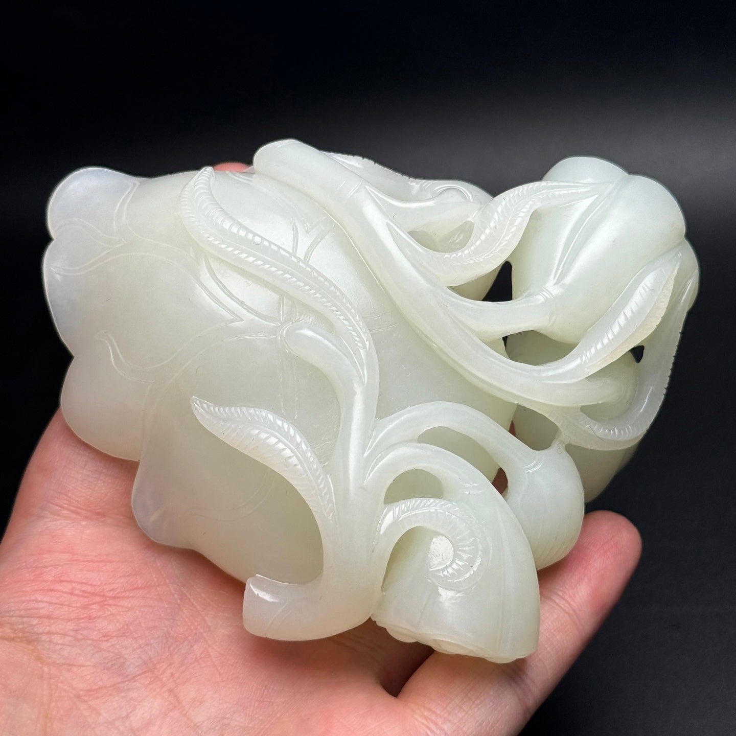 A1038 Chinese Hetian Jade Carved Lotus Pod & Lotus Leaf Brush Washer