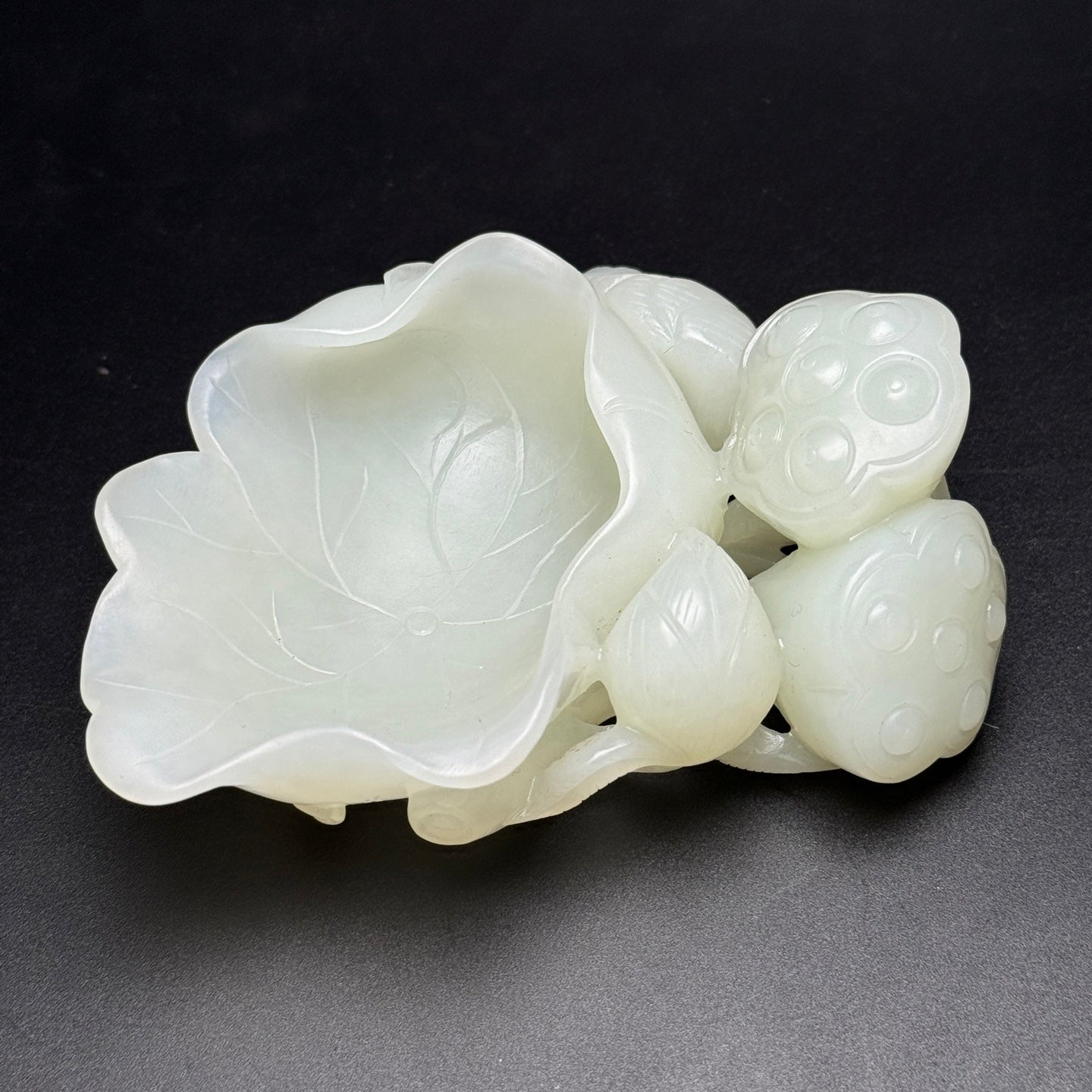 A1038 Chinese Hetian Jade Carved Lotus Pod & Lotus Leaf Brush Washer