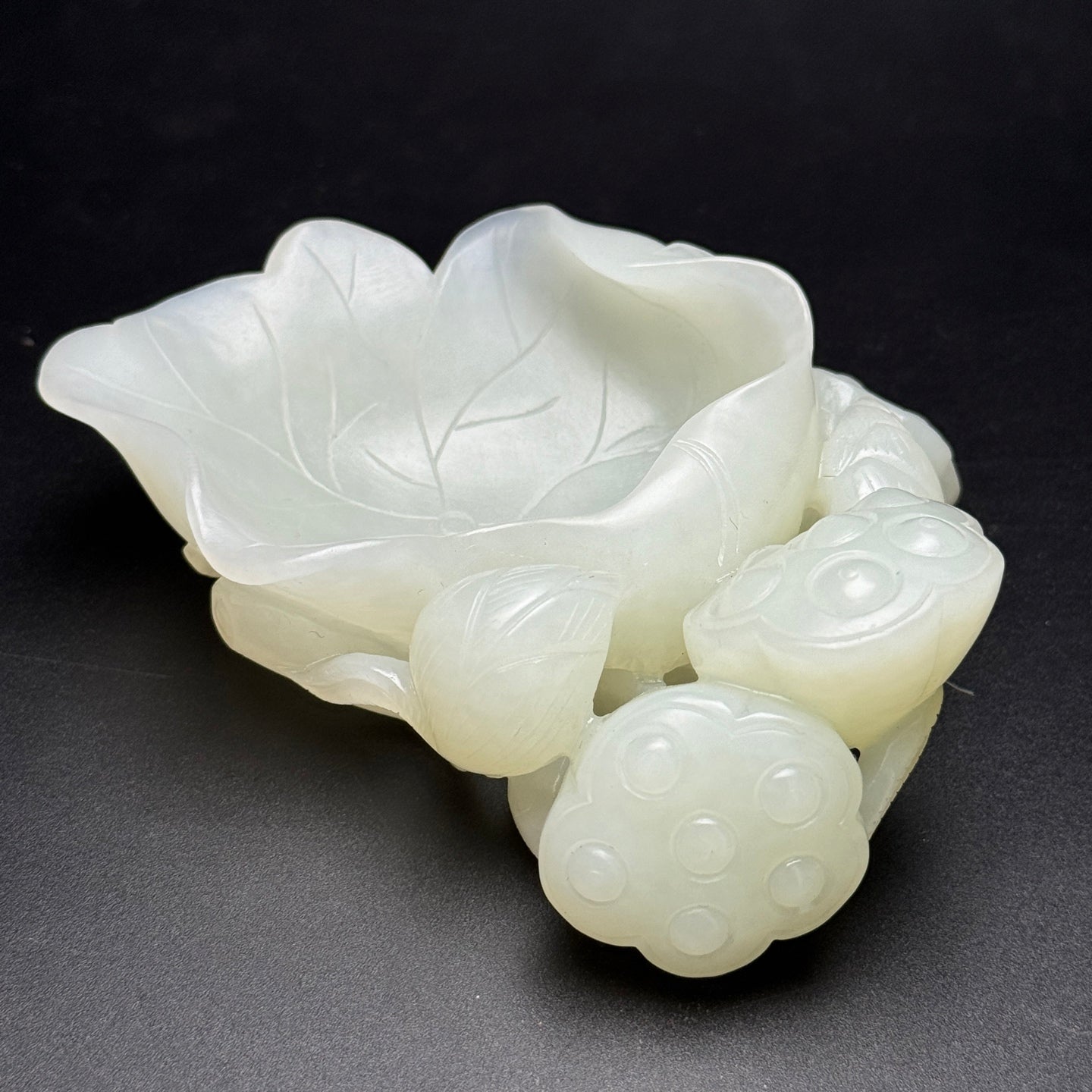 A1038 Chinese Hetian Jade Carved Lotus Pod & Lotus Leaf Brush Washer