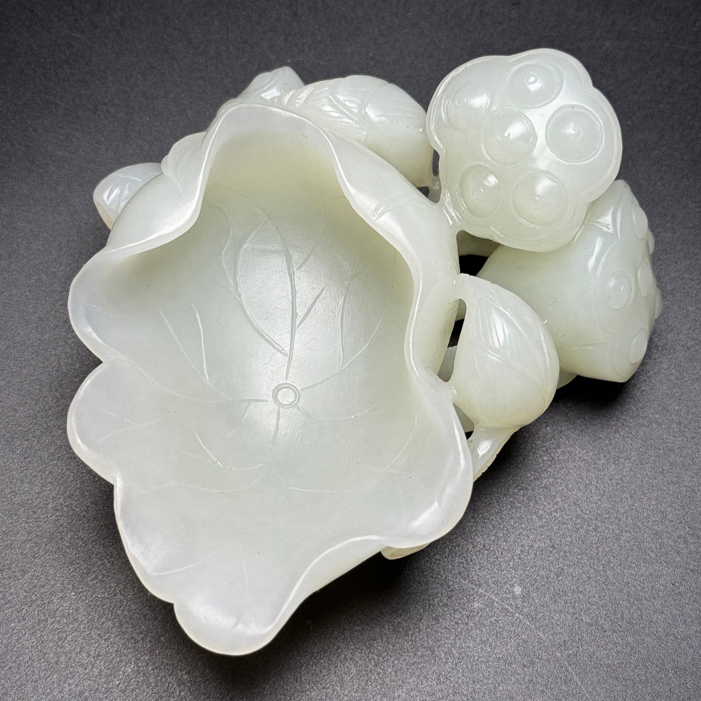 A1038 Chinese Hetian Jade Carved Lotus Pod & Lotus Leaf Brush Washer