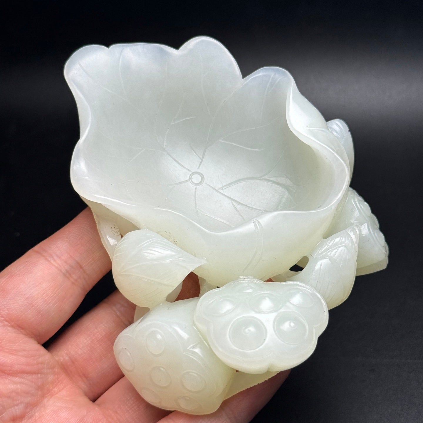 A1038 Chinese Hetian Jade Carved Lotus Pod & Lotus Leaf Brush Washer