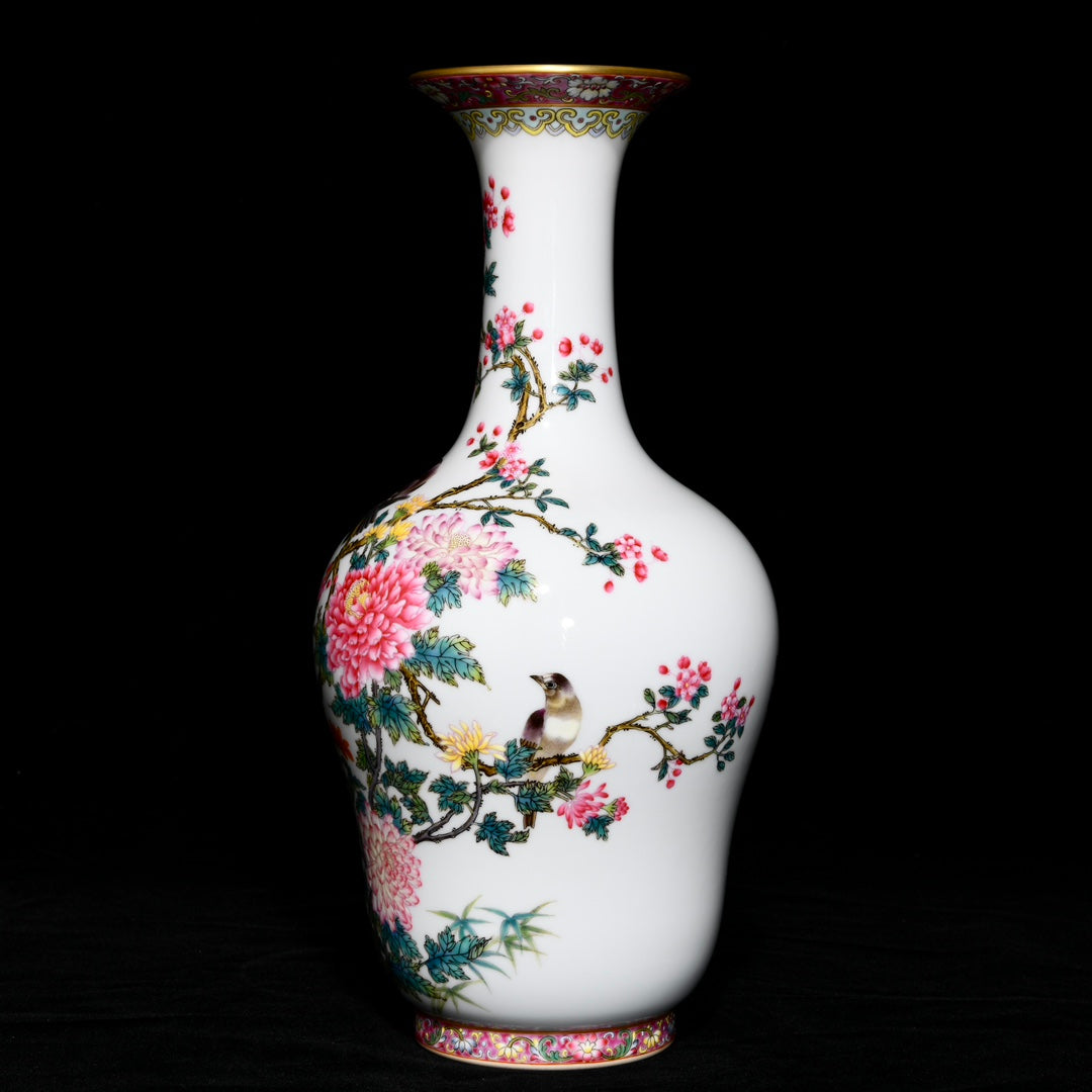 A1039 A Pair Chinese Qing Dynasty Gilt Edge Famille Rose Flowers Bird Design Porcelain Vases