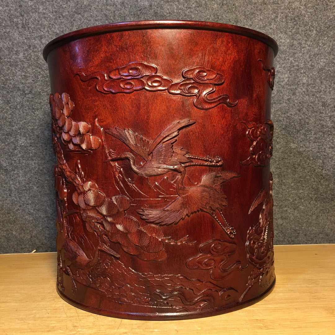 A1042 Superb Vintage Chinese Huanghuali Wood Carved Pine Tree & Crane Design Brush Pot