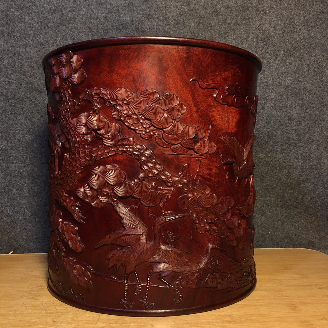 A1042 Superb Vintage Chinese Huanghuali Wood Carved Pine Tree & Crane Design Brush Pot