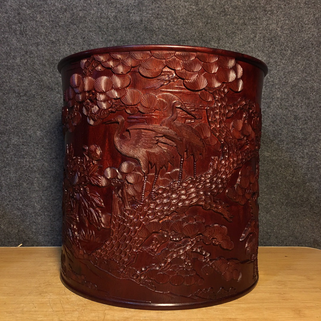 A1042 Superb Vintage Chinese Huanghuali Wood Carved Pine Tree & Crane Design Brush Pot