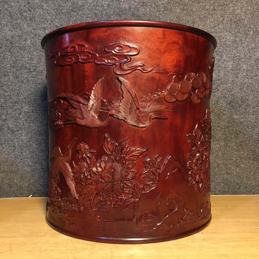 A1042 Superb Vintage Chinese Huanghuali Wood Carved Pine Tree & Crane Design Brush Pot