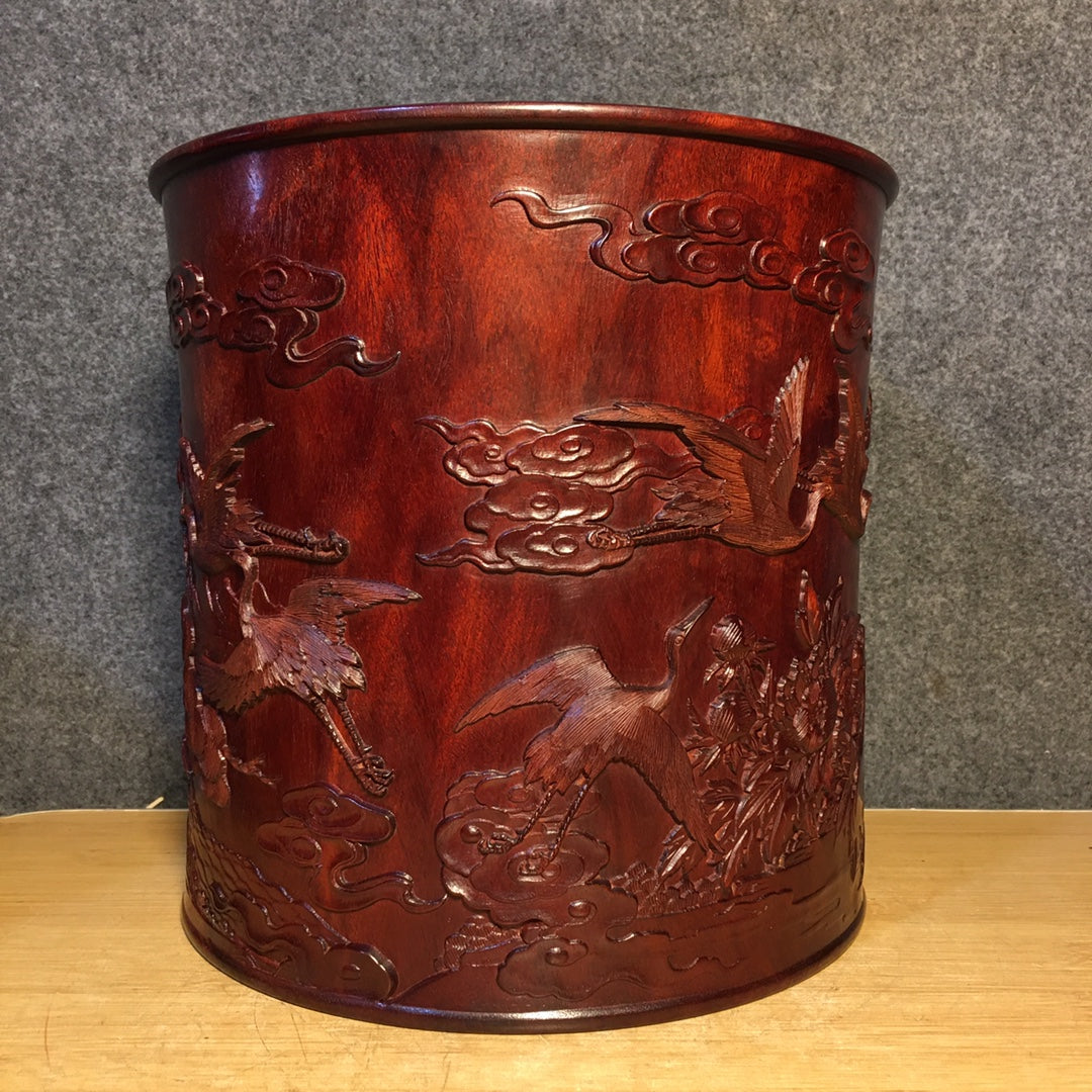 A1042 Superb Vintage Chinese Huanghuali Wood Carved Pine Tree & Crane Design Brush Pot