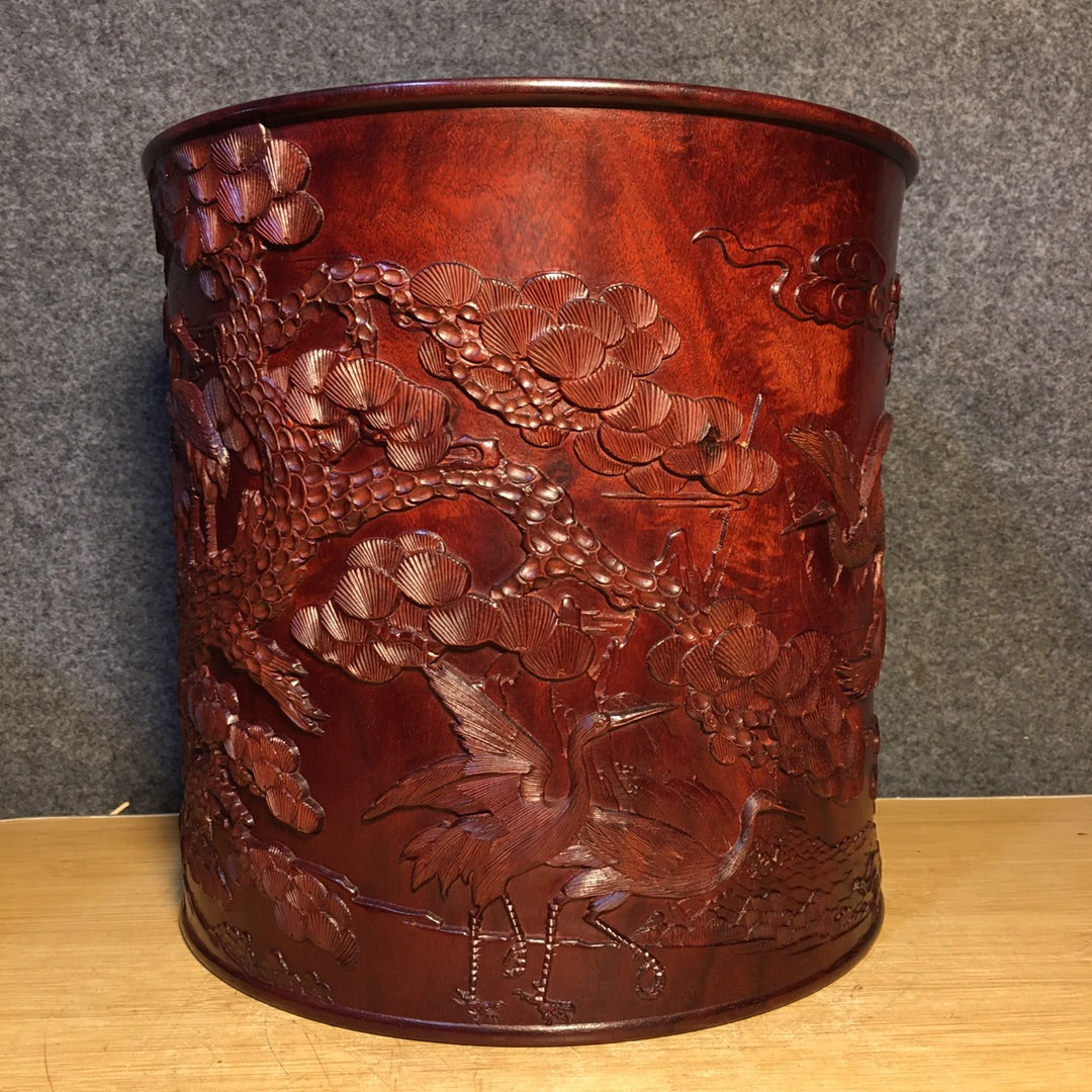 A1042 Superb Vintage Chinese Huanghuali Wood Carved Pine Tree & Crane Design Brush Pot