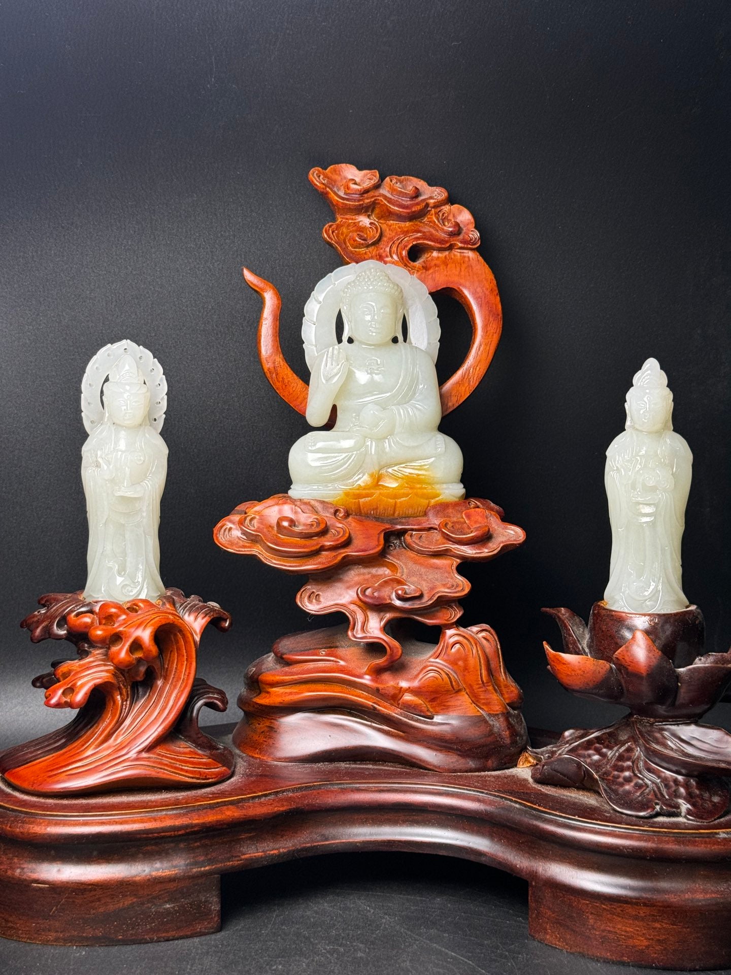 A1043 A Set Three Chinese Hetian Jade Carved Siddhartha Buddha Statue