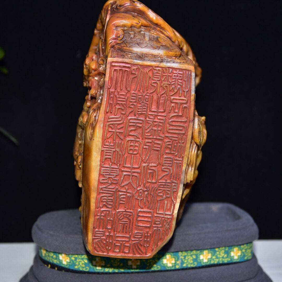 A1046 Superb Old Chinese Shoushan Tianhuang Stone Carved Dragon Phoenix Seal Statue w Box