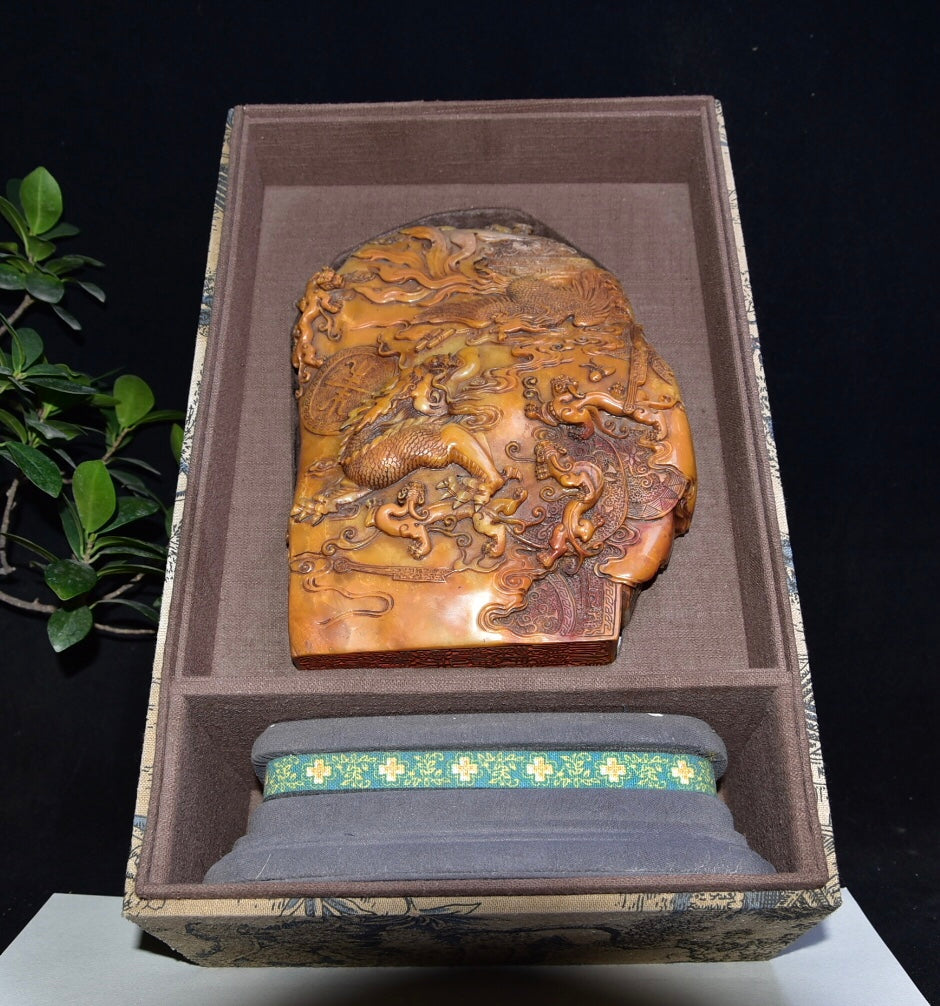 A1046 Superb Old Chinese Shoushan Tianhuang Stone Carved Dragon Phoenix Seal Statue w Box