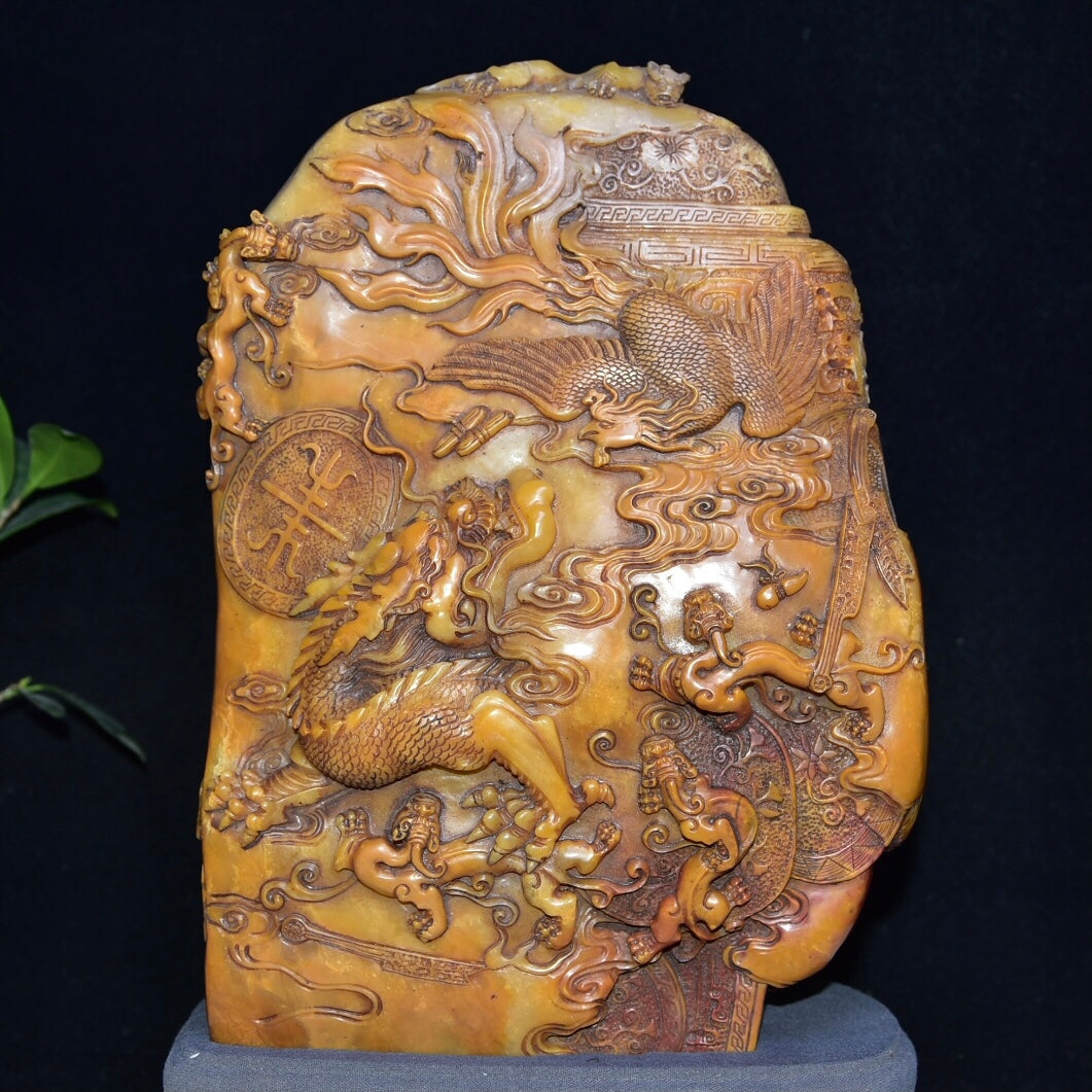 A1046 Superb Old Chinese Shoushan Tianhuang Stone Carved Dragon Phoenix Seal Statue w Box