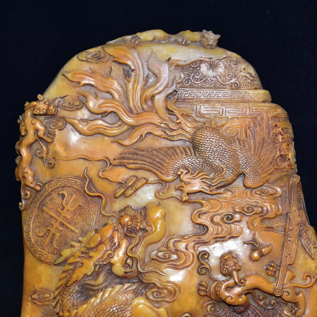A1046 Superb Old Chinese Shoushan Tianhuang Stone Carved Dragon Phoenix Seal Statue w Box