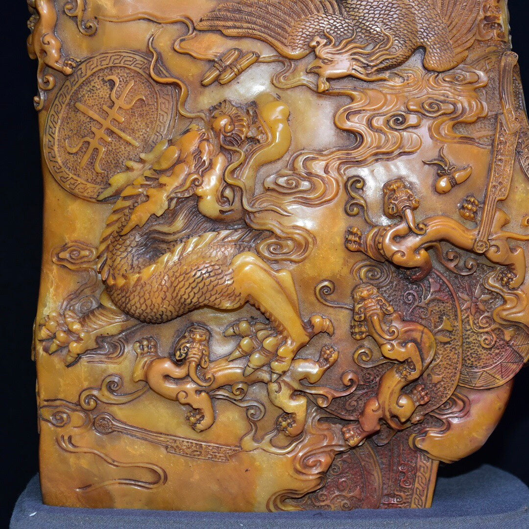 A1046 Superb Old Chinese Shoushan Tianhuang Stone Carved Dragon Phoenix Seal Statue w Box