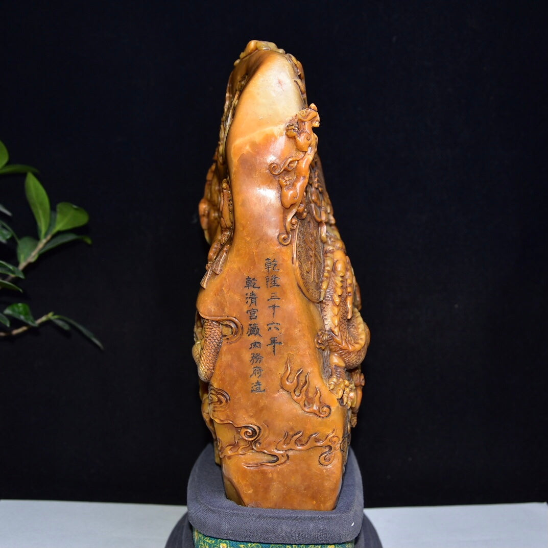 A1046 Superb Old Chinese Shoushan Tianhuang Stone Carved Dragon Phoenix Seal Statue w Box