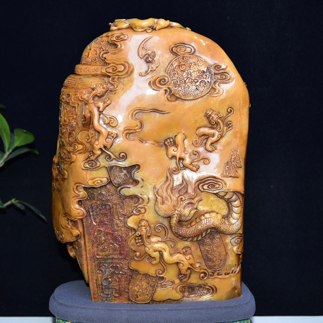 A1046 Superb Old Chinese Shoushan Tianhuang Stone Carved Dragon Phoenix Seal Statue w Box