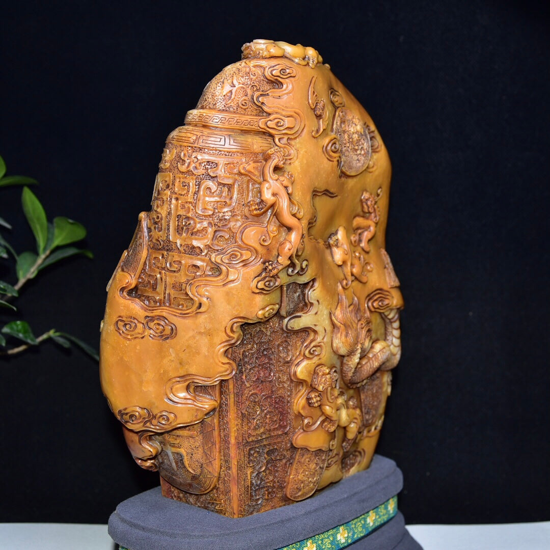A1046 Superb Old Chinese Shoushan Tianhuang Stone Carved Dragon Phoenix Seal Statue w Box