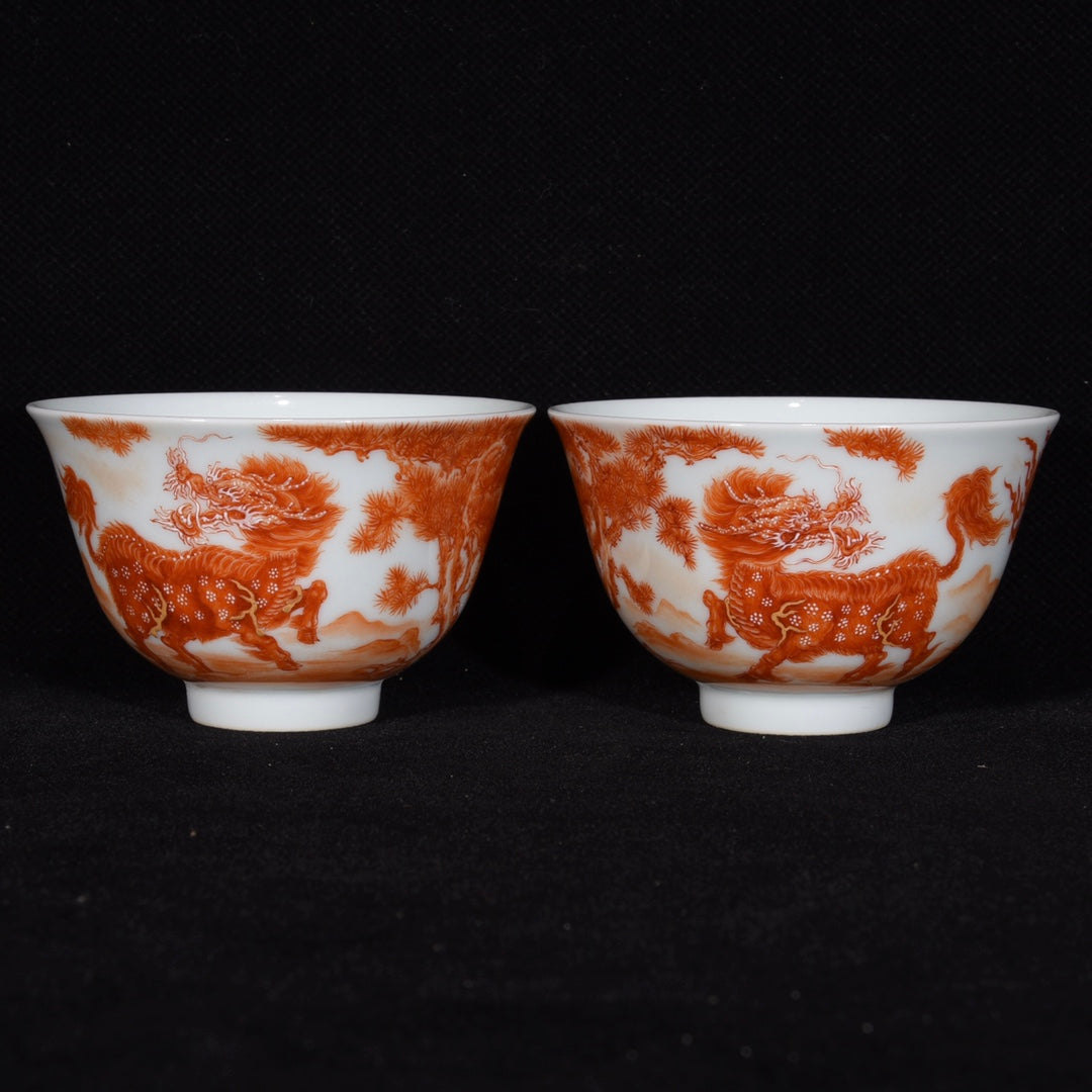 A1051 A Pair Chinese Qing Dynasty Iron Red Glaze Fortune Kylin Design Porcelain Cups