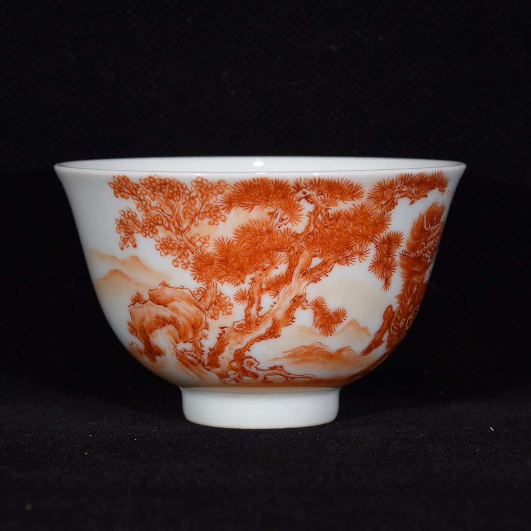 A1051 A Pair Chinese Qing Dynasty Iron Red Glaze Fortune Kylin Design Porcelain Cups