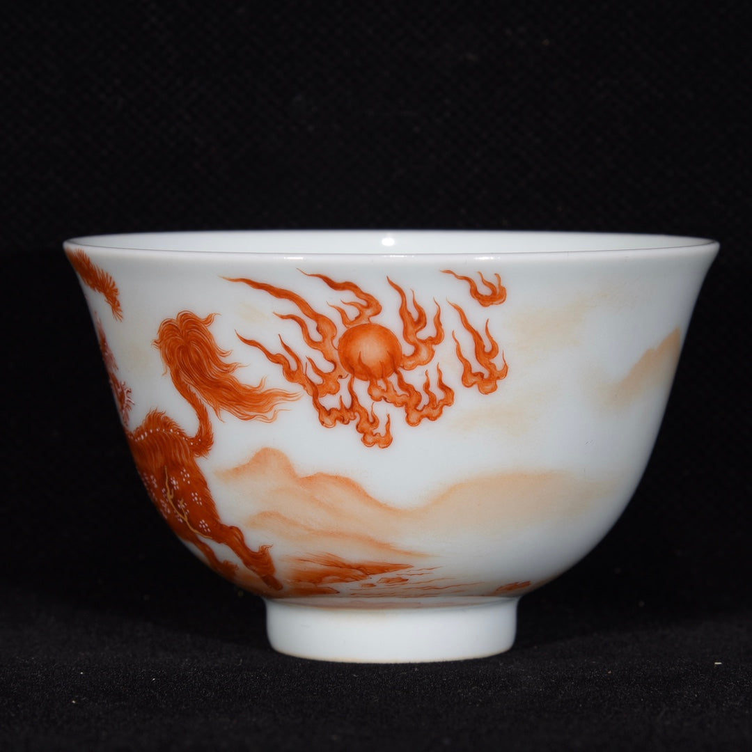 A1051 A Pair Chinese Qing Dynasty Iron Red Glaze Fortune Kylin Design Porcelain Cups