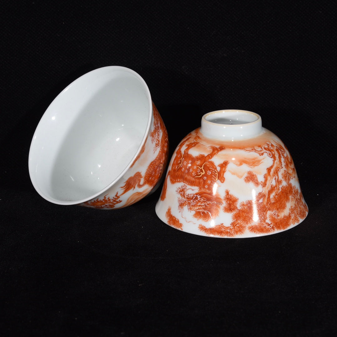 A1051 A Pair Chinese Qing Dynasty Iron Red Glaze Fortune Kylin Design Porcelain Cups