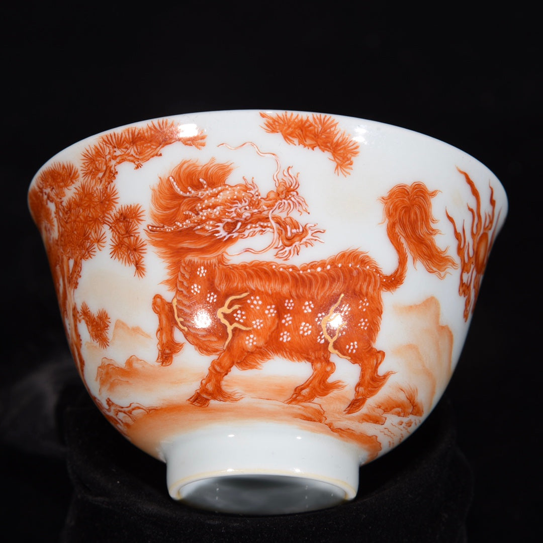 A1051 A Pair Chinese Qing Dynasty Iron Red Glaze Fortune Kylin Design Porcelain Cups