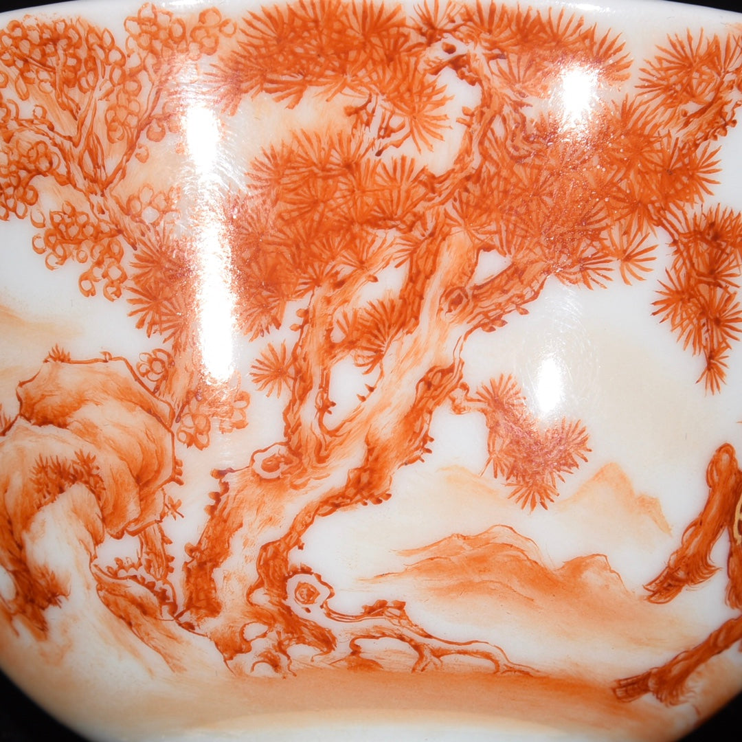 A1051 A Pair Chinese Qing Dynasty Iron Red Glaze Fortune Kylin Design Porcelain Cups