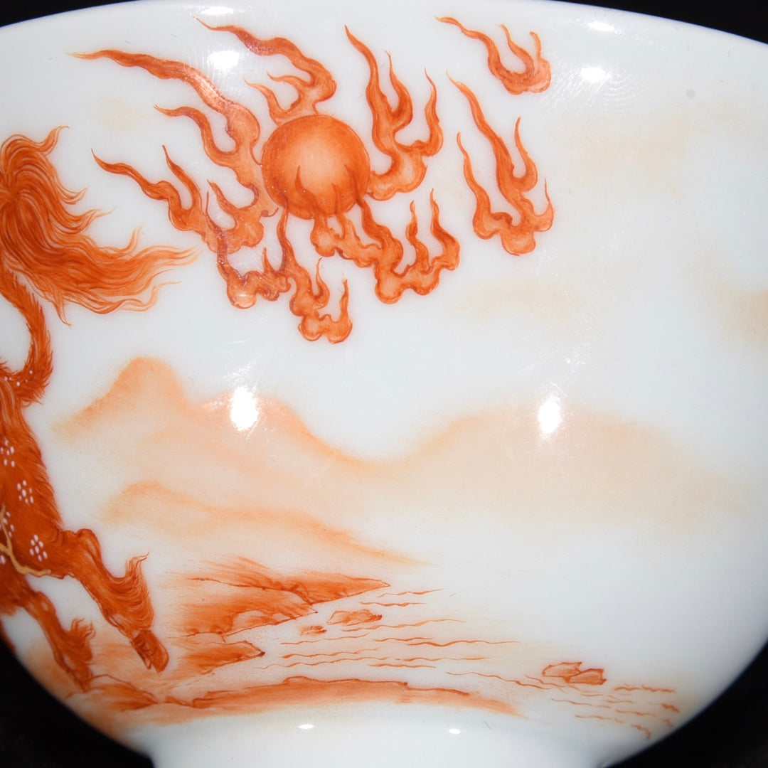 A1051 A Pair Chinese Qing Dynasty Iron Red Glaze Fortune Kylin Design Porcelain Cups