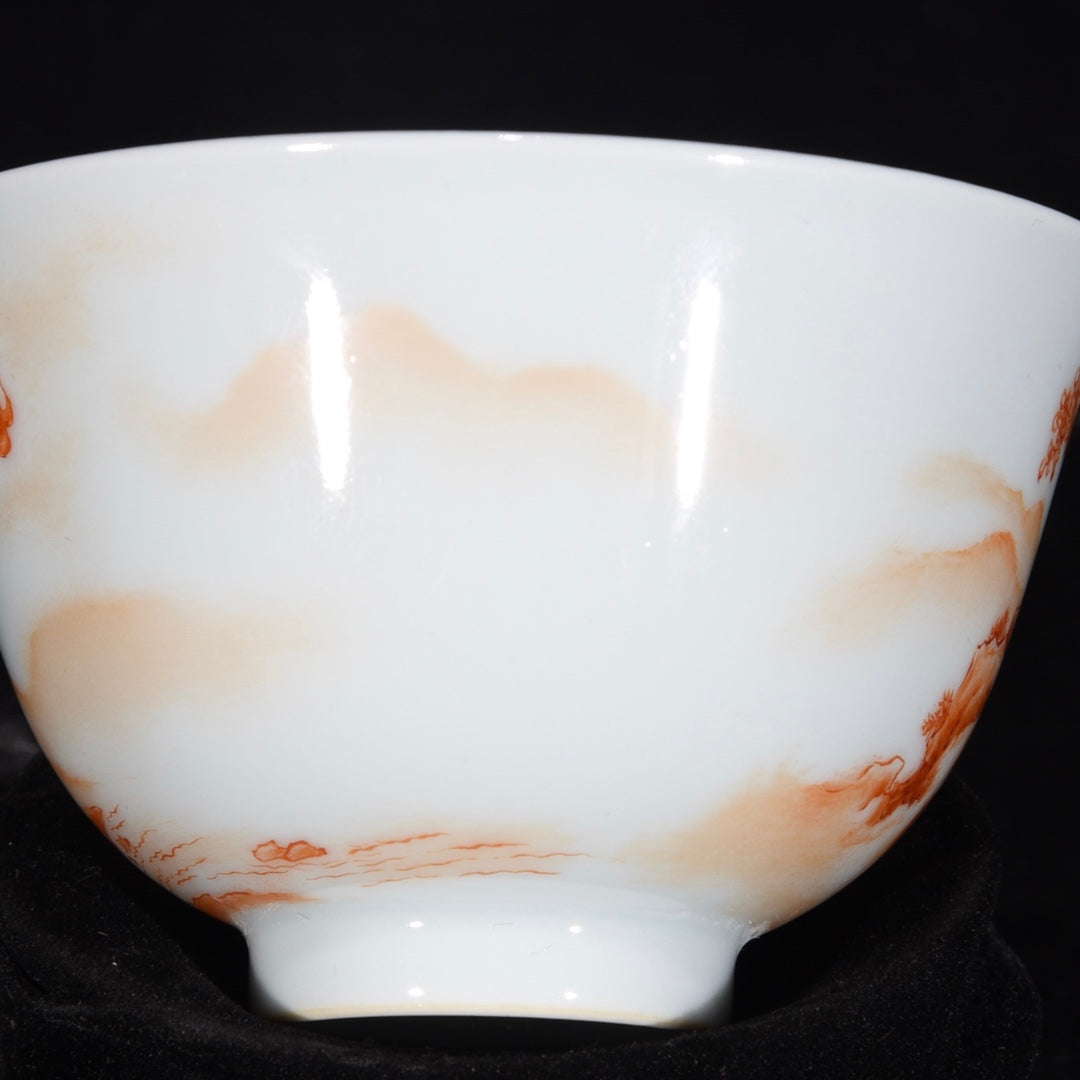 A1051 A Pair Chinese Qing Dynasty Iron Red Glaze Fortune Kylin Design Porcelain Cups