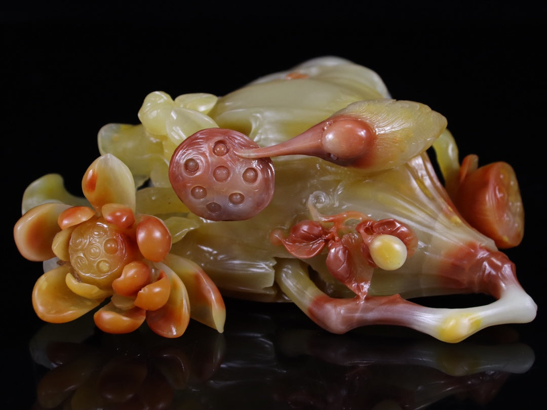 A1062 Vintage Chinese Shoushan Stone Carved Lotus Flower & Lotus Pod & Bird Statue