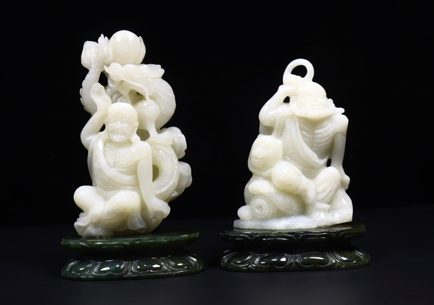 A1068 A Pair Superb Chinese Hetian Jade Carved Arhat Statue