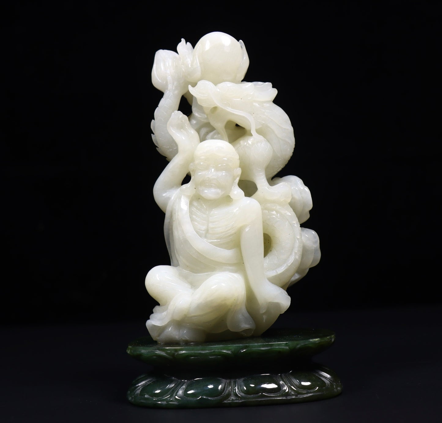 A1068 A Pair Superb Chinese Hetian Jade Carved Arhat Statue