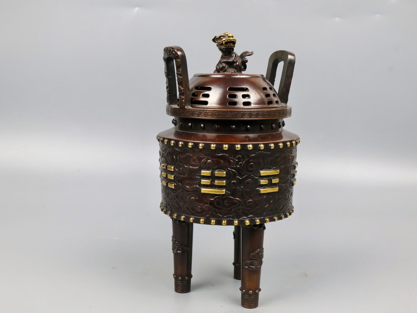 A1070 Vintage Chinese Gilt Gold Copper 3 Legs Double Ears Incense Burner