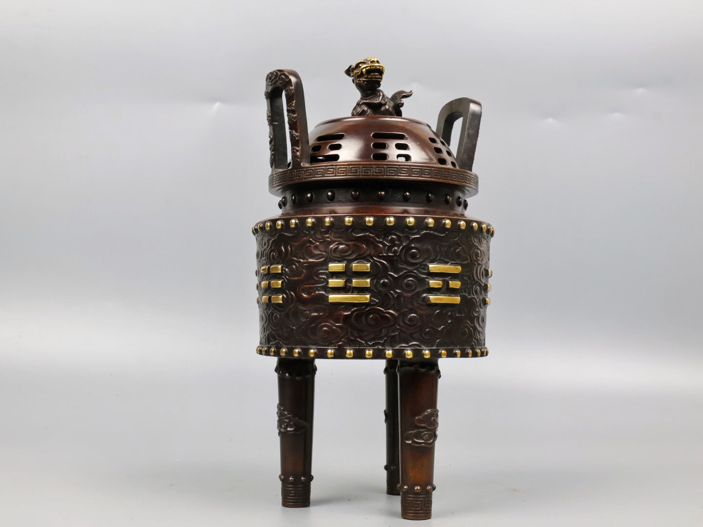 A1070 Vintage Chinese Gilt Gold Copper 3 Legs Double Ears Incense Burner