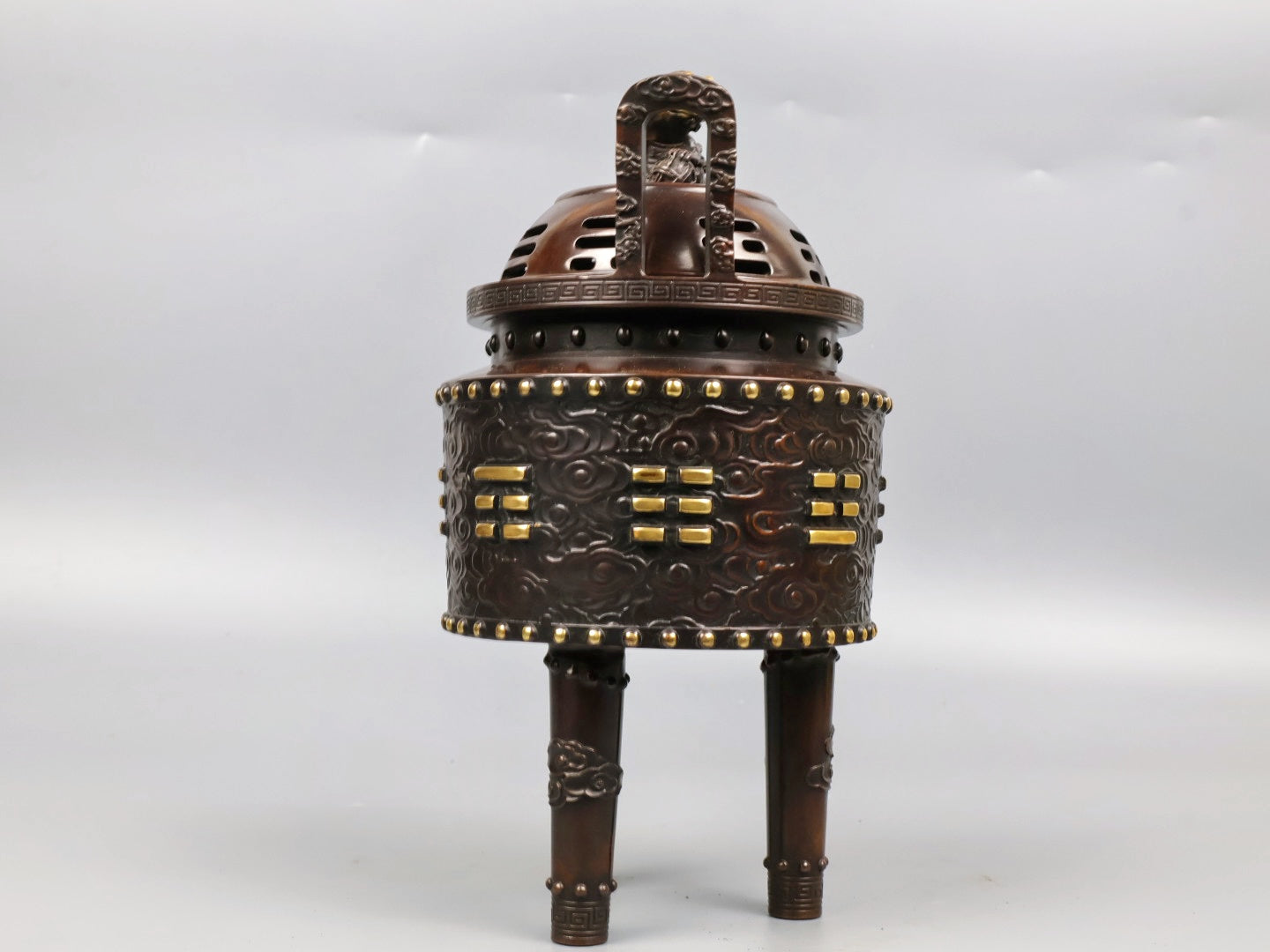 A1070 Vintage Chinese Gilt Gold Copper 3 Legs Double Ears Incense Burner