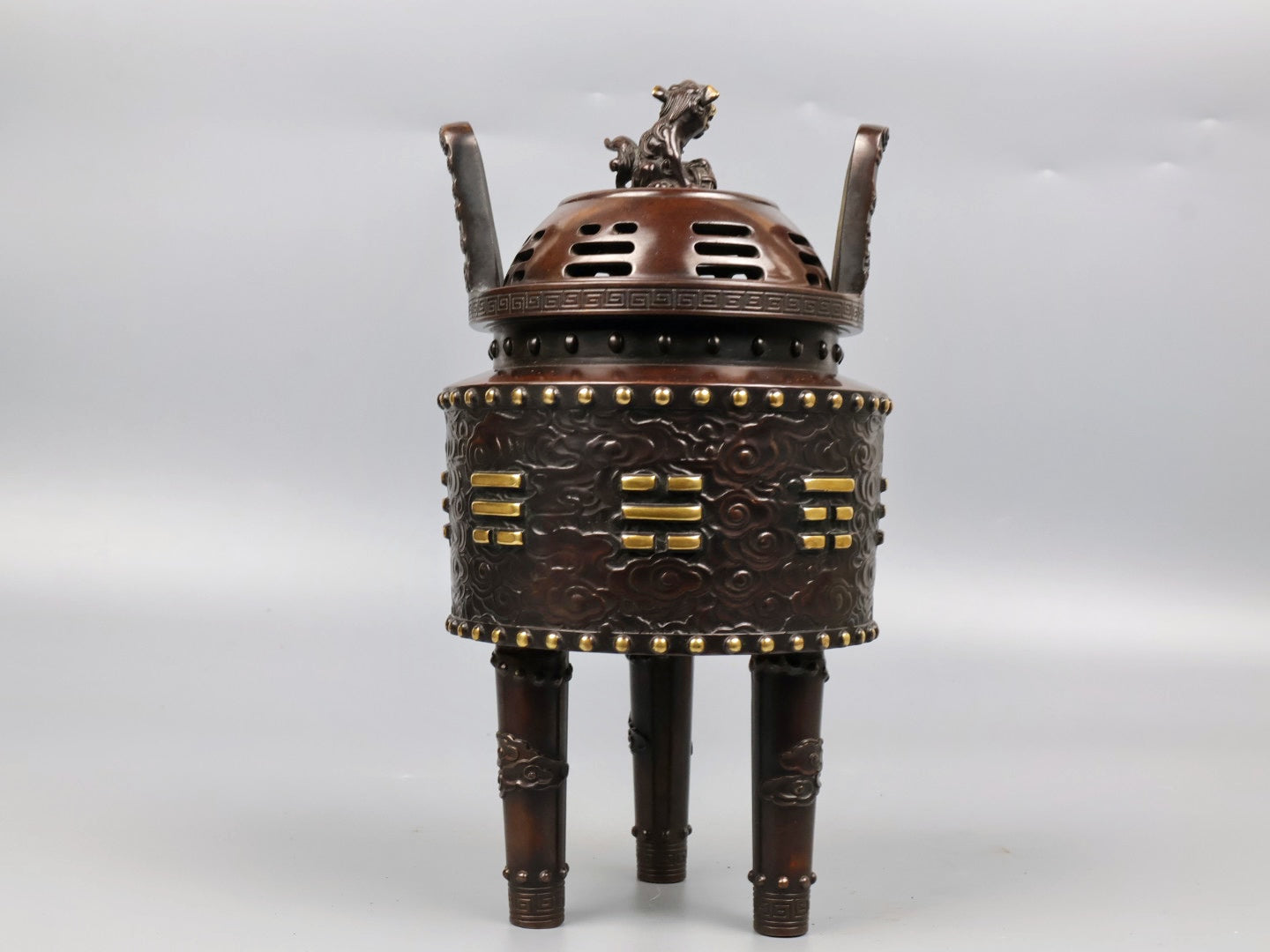 A1070 Vintage Chinese Gilt Gold Copper 3 Legs Double Ears Incense Burner