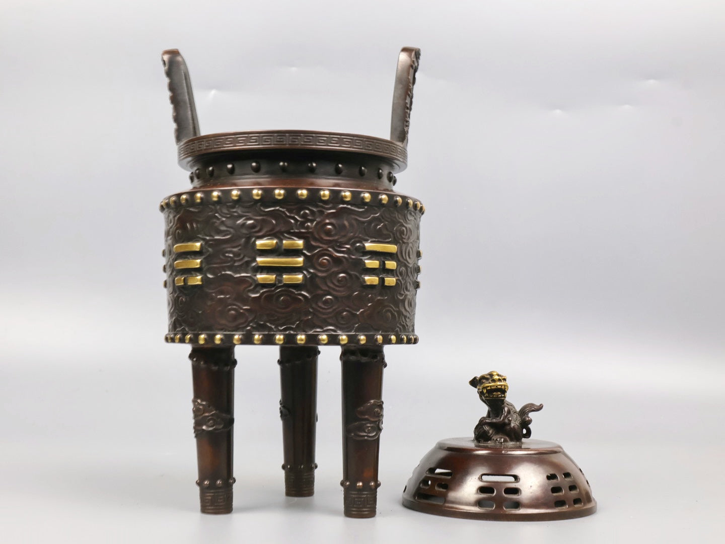 A1070 Vintage Chinese Gilt Gold Copper 3 Legs Double Ears Incense Burner