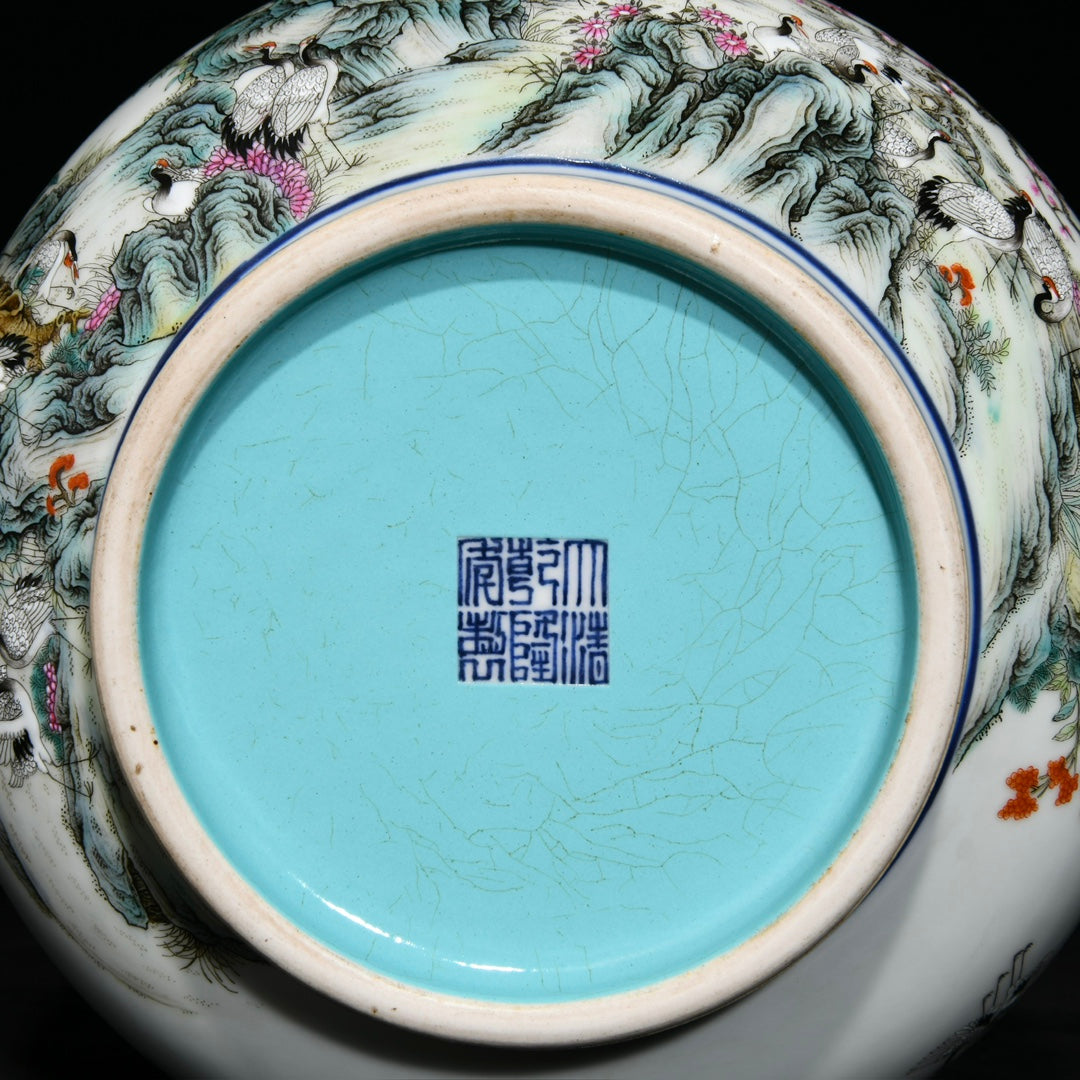 A1072 Chinese Qing Dynasty Famille Rose+Blue And White Porcelain Pine Tree & Crane Design Vase