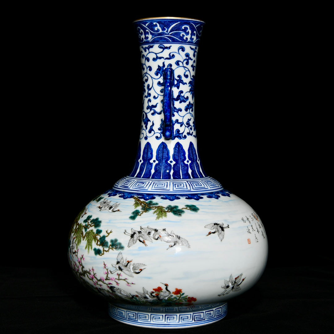 A1072 Chinese Qing Dynasty Famille Rose+Blue And White Porcelain Pine Tree & Crane Design Vase