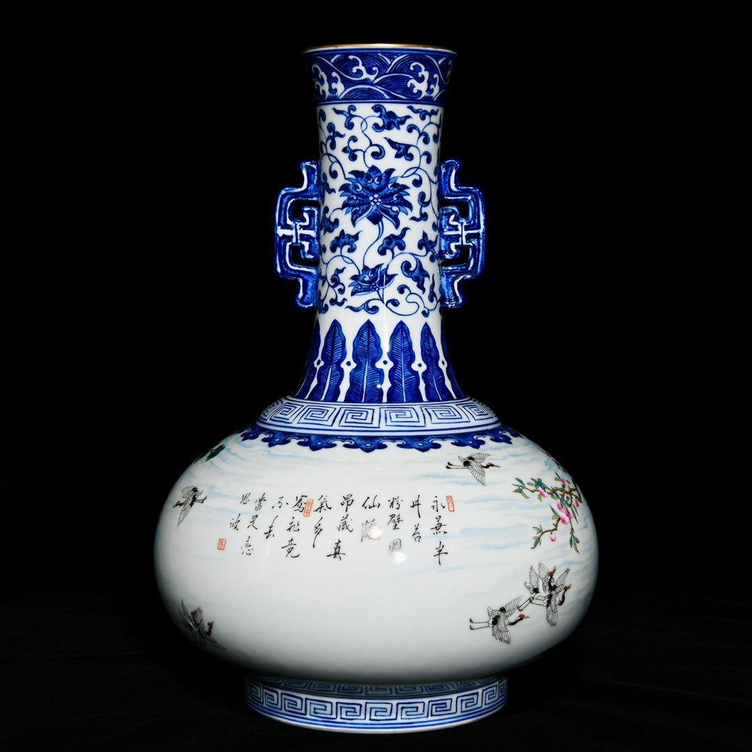 A1072 Chinese Qing Dynasty Famille Rose+Blue And White Porcelain Pine Tree & Crane Design Vase
