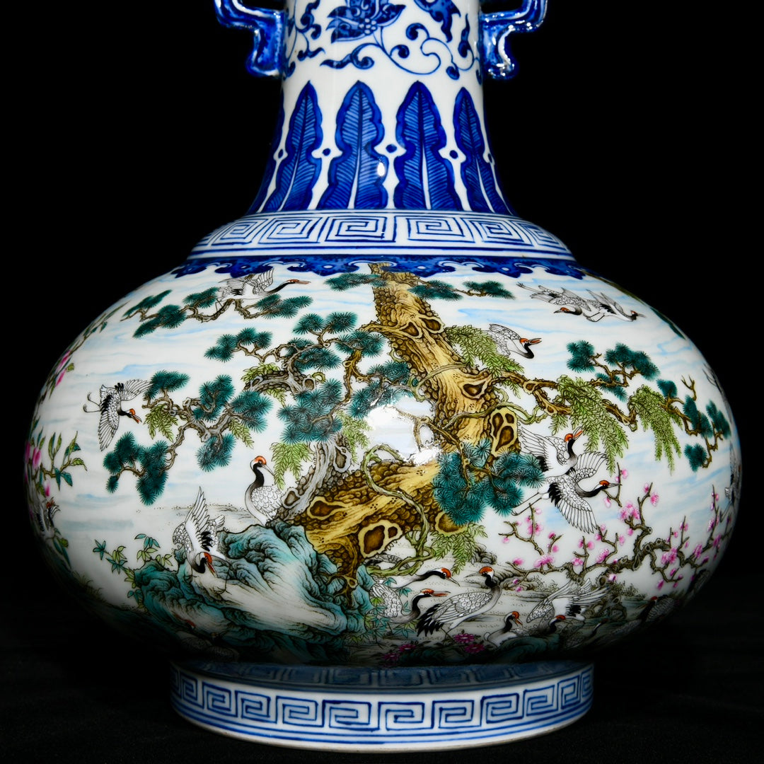 A1072 Chinese Qing Dynasty Famille Rose+Blue And White Porcelain Pine Tree & Crane Design Vase