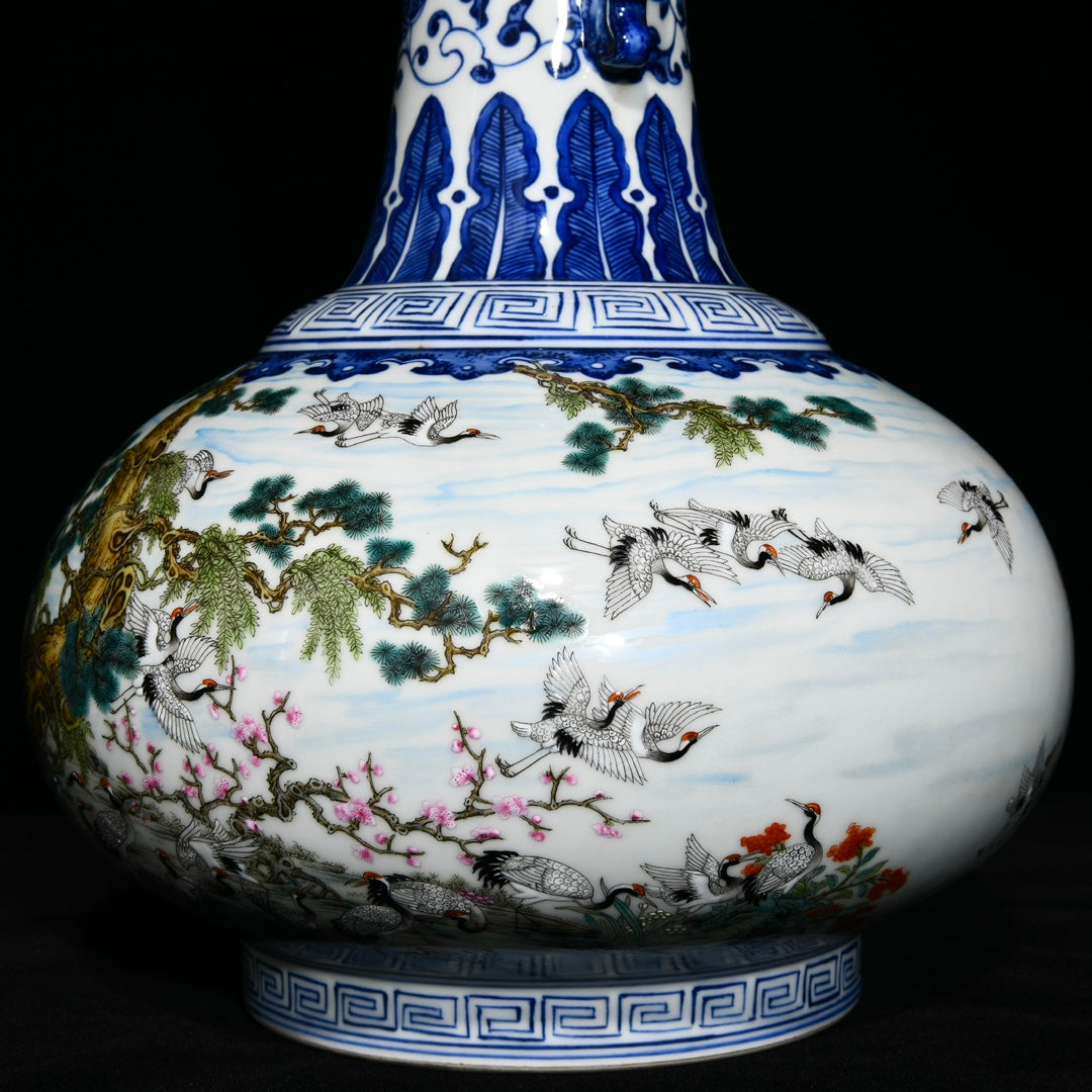 A1072 Chinese Qing Dynasty Famille Rose+Blue And White Porcelain Pine Tree & Crane Design Vase