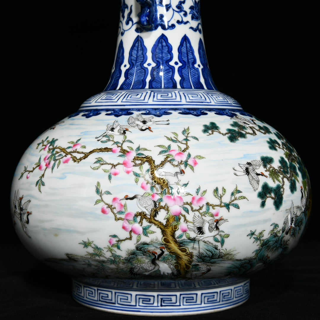 A1072 Chinese Qing Dynasty Famille Rose+Blue And White Porcelain Pine Tree & Crane Design Vase