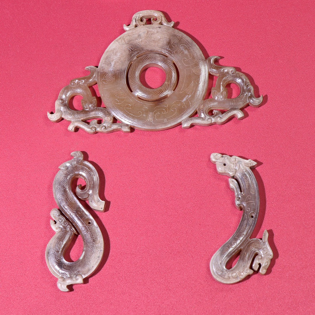 A1083 A Set Vintage Chinese Hetian Jade Fortune Dragon Jade Bi