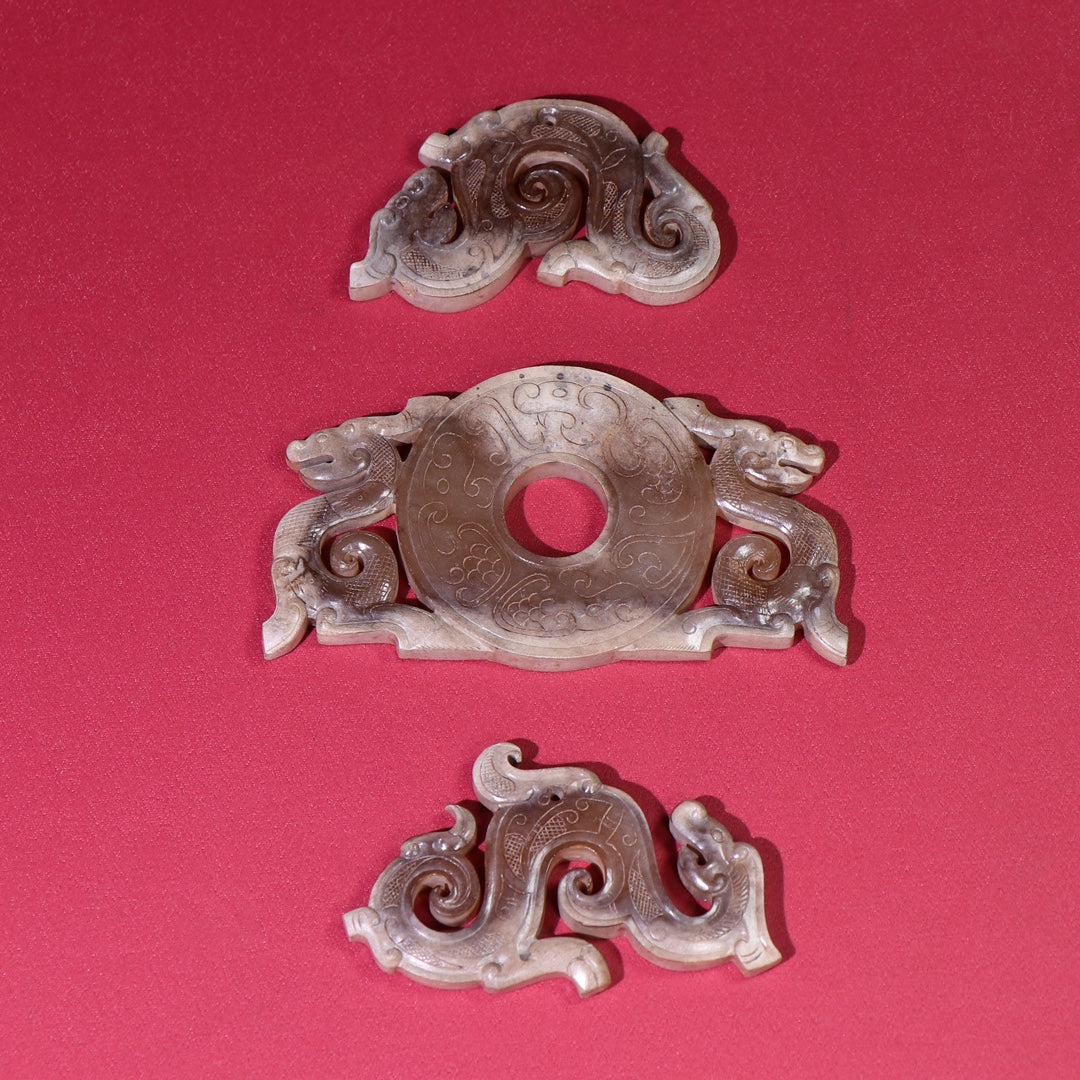 A1083 A Set Vintage Chinese Hetian Jade Fortune Dragon Jade Bi