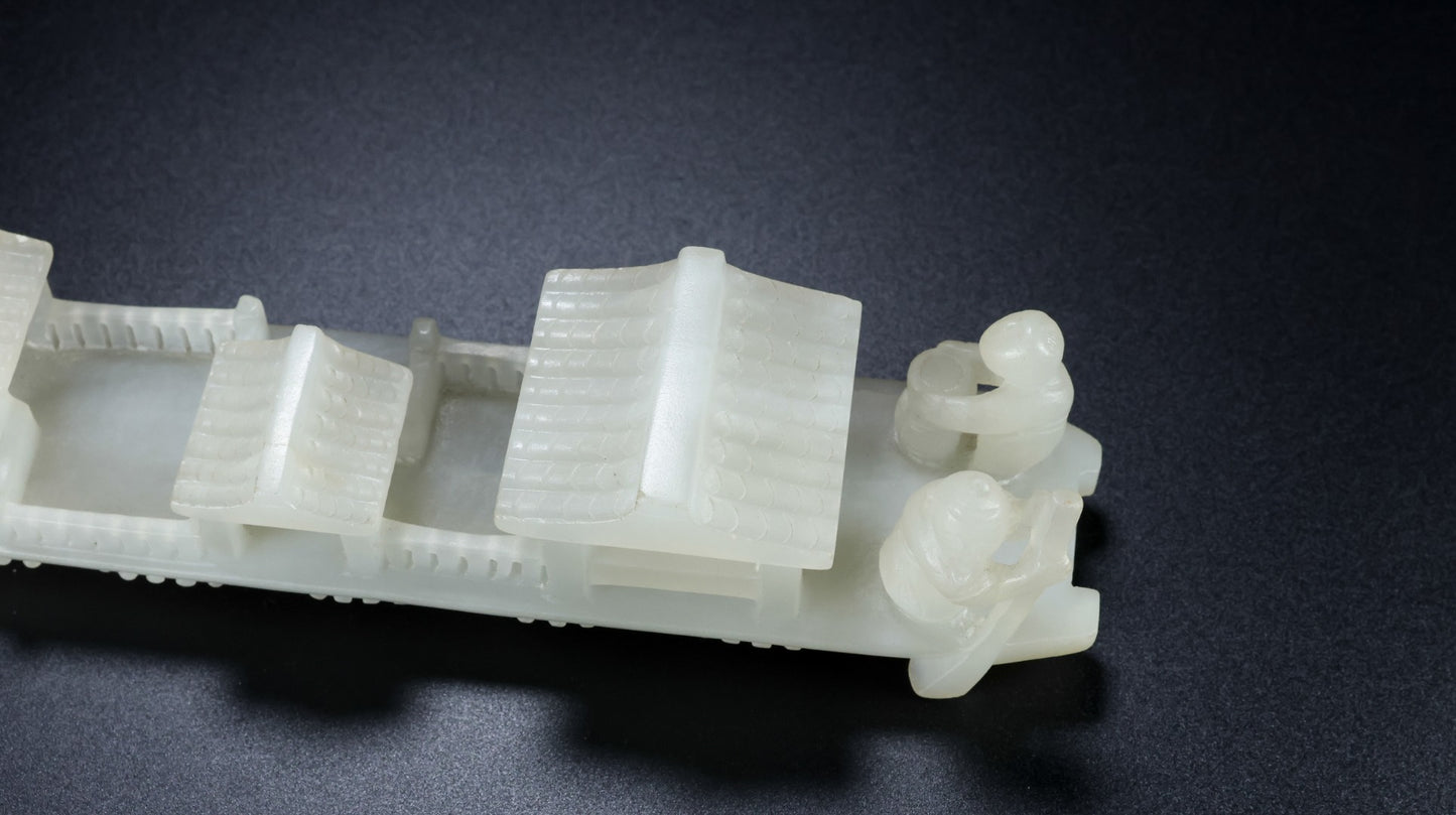A1088 Superb Chinese Hetian Jade Carved Boat & Figure Statue