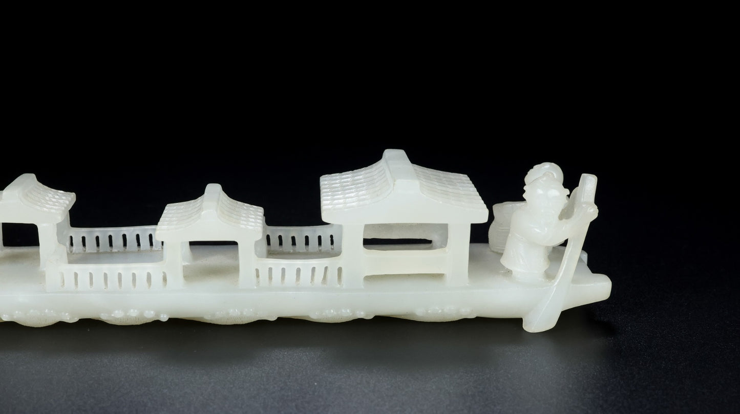A1088 Superb Chinese Hetian Jade Carved Boat & Figure Statue