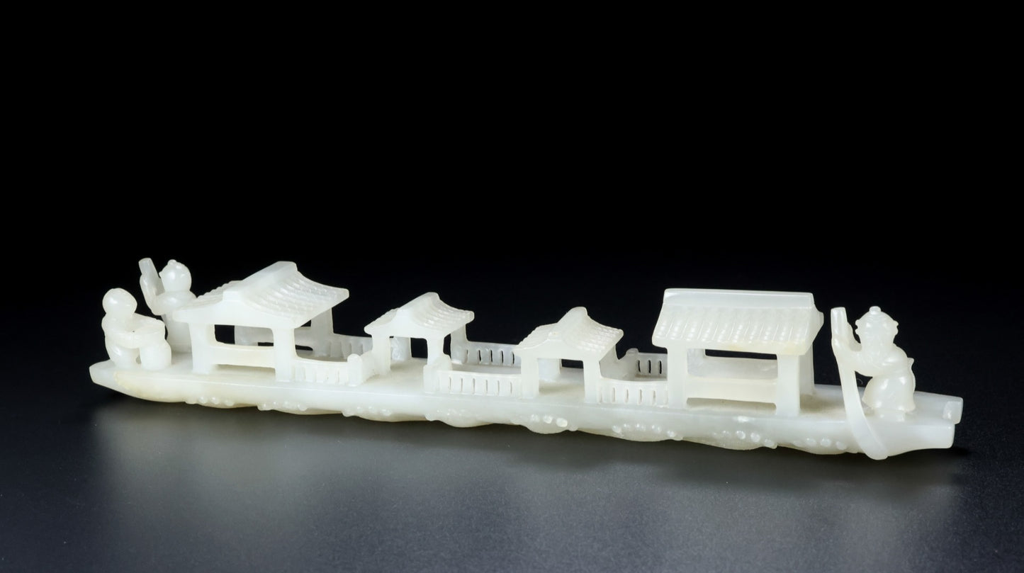 A1088 Superb Chinese Hetian Jade Carved Boat & Figure Statue